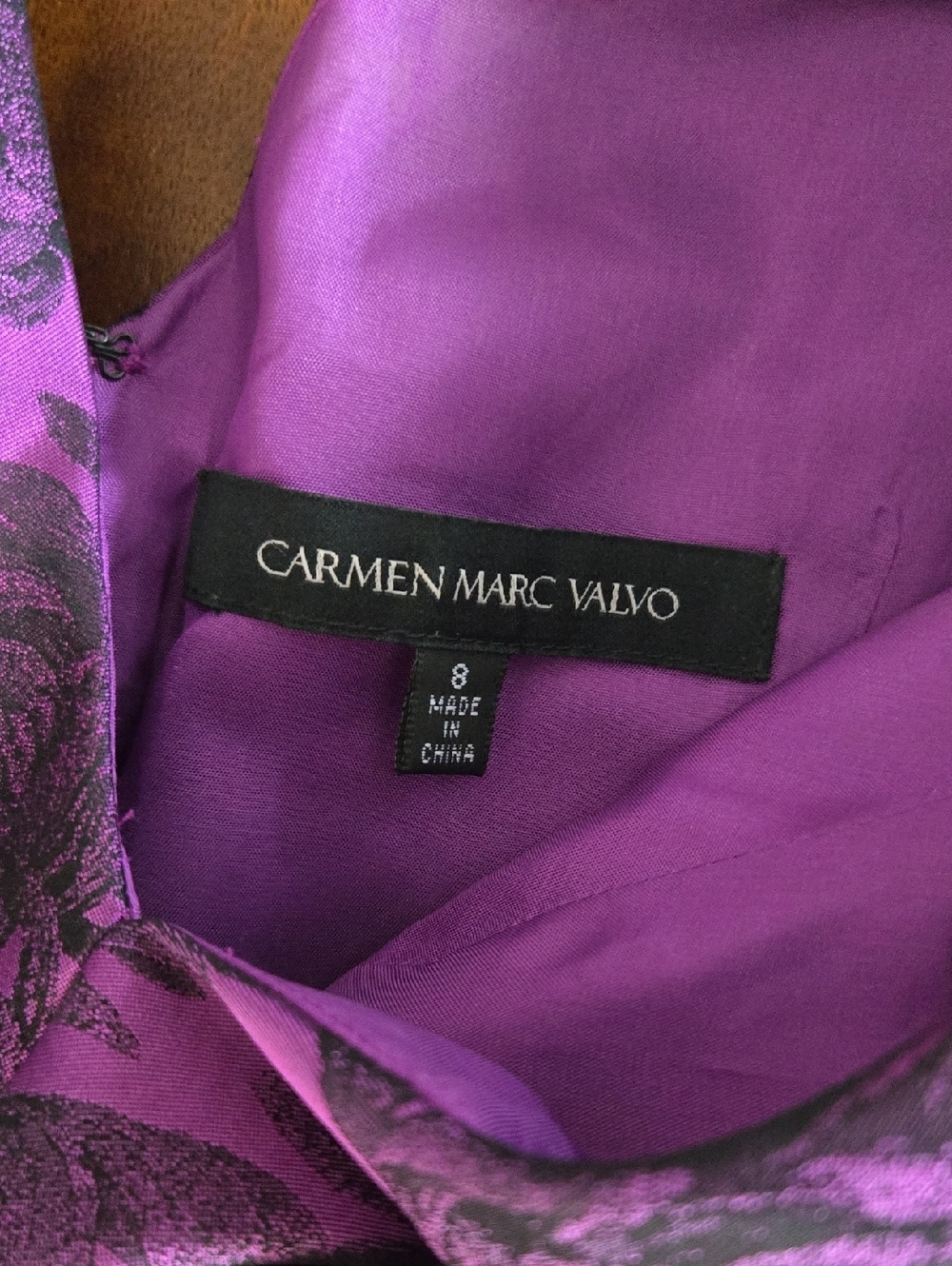 Carmen Marc Valvo Purple Floral Taffeta Fit & Flare Beaded Waist Dress Size 8 - Picture 3 of 9
